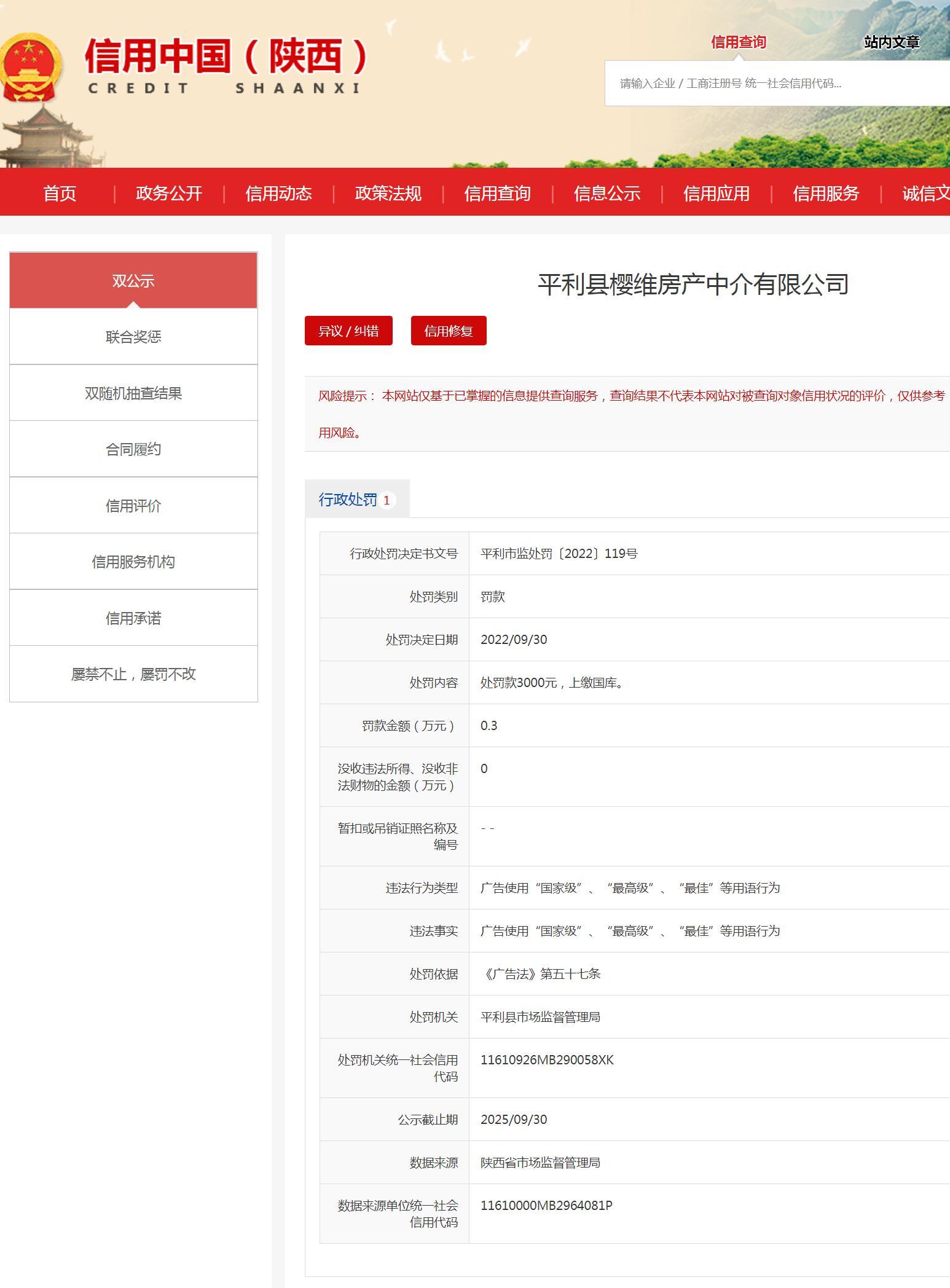 广告中使用“国家级”、“最高级”等词语 平利县樱维房产中介有限公司被罚