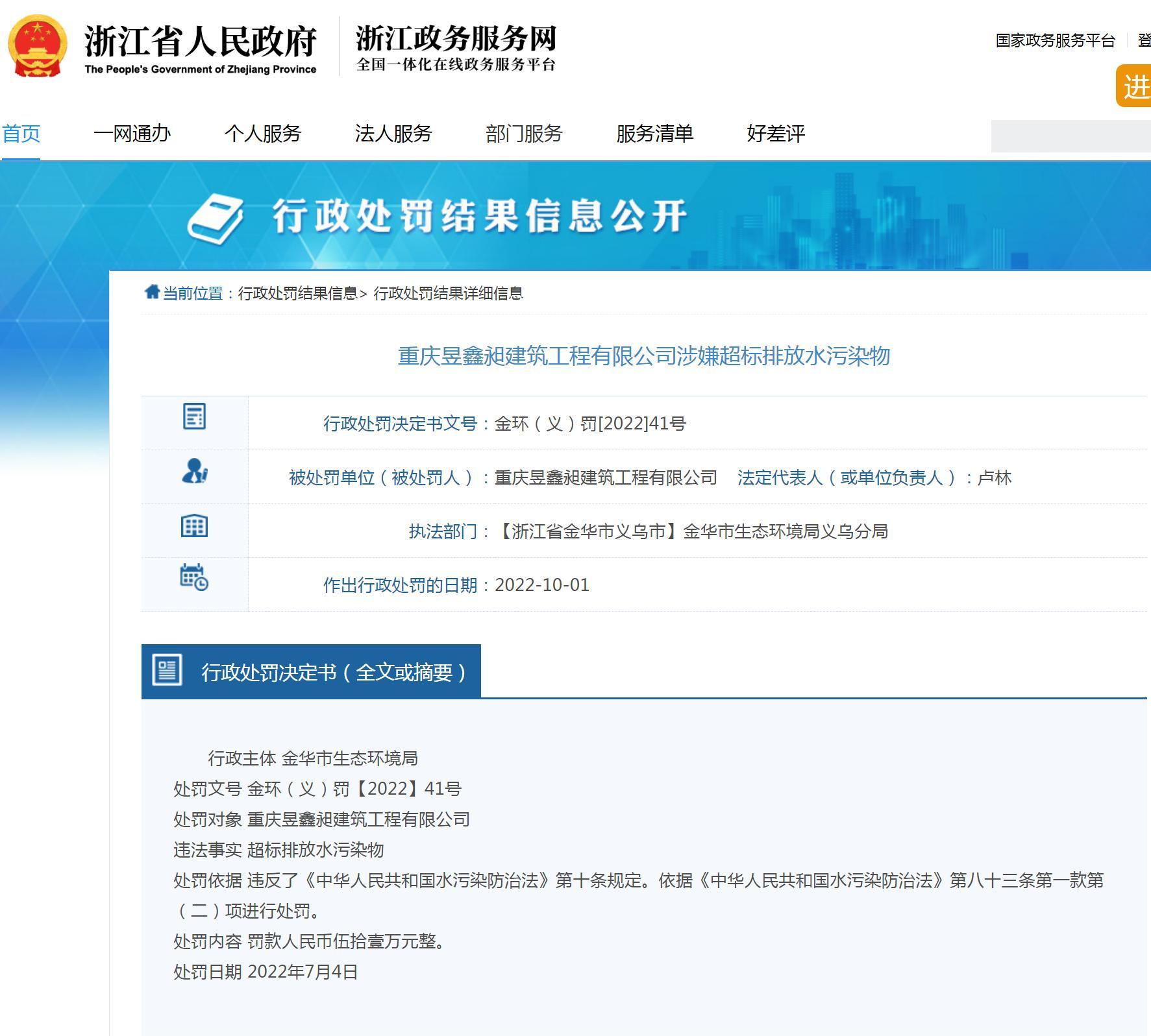 超标排放水污染物 重庆昱鑫昶建筑工程有限公司被罚51万元