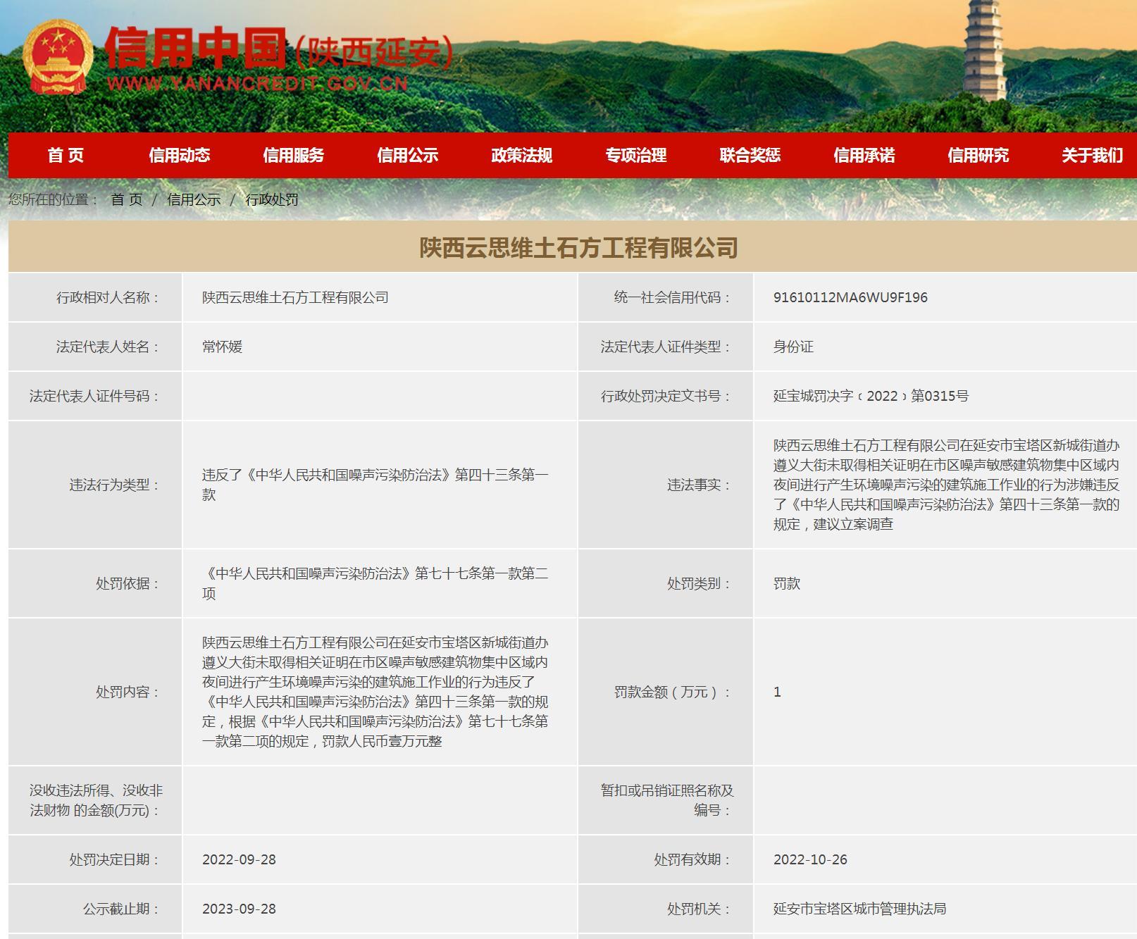 夜间施工产生噪声污染 陕西云思维土石方工程有限公司被罚1万元