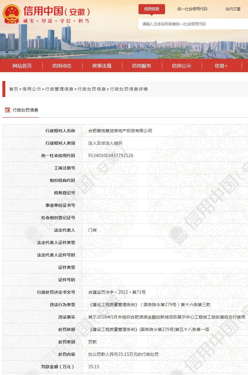 未经验收擅自交付使用 合肥复地复润房地产投资有限公司被罚35.15万元