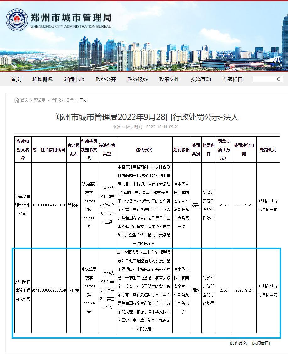 郑州渊轩建设工程有限公司违反安全生产法被罚2.5万元