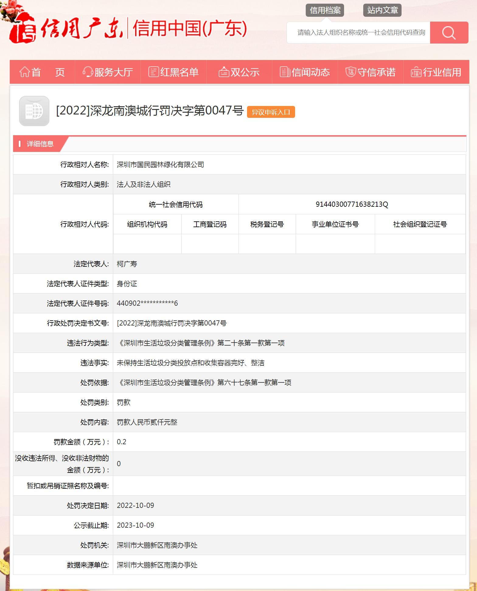 未遵守生活垃圾分类管理条例  深圳市国民园林绿化有限公司被罚