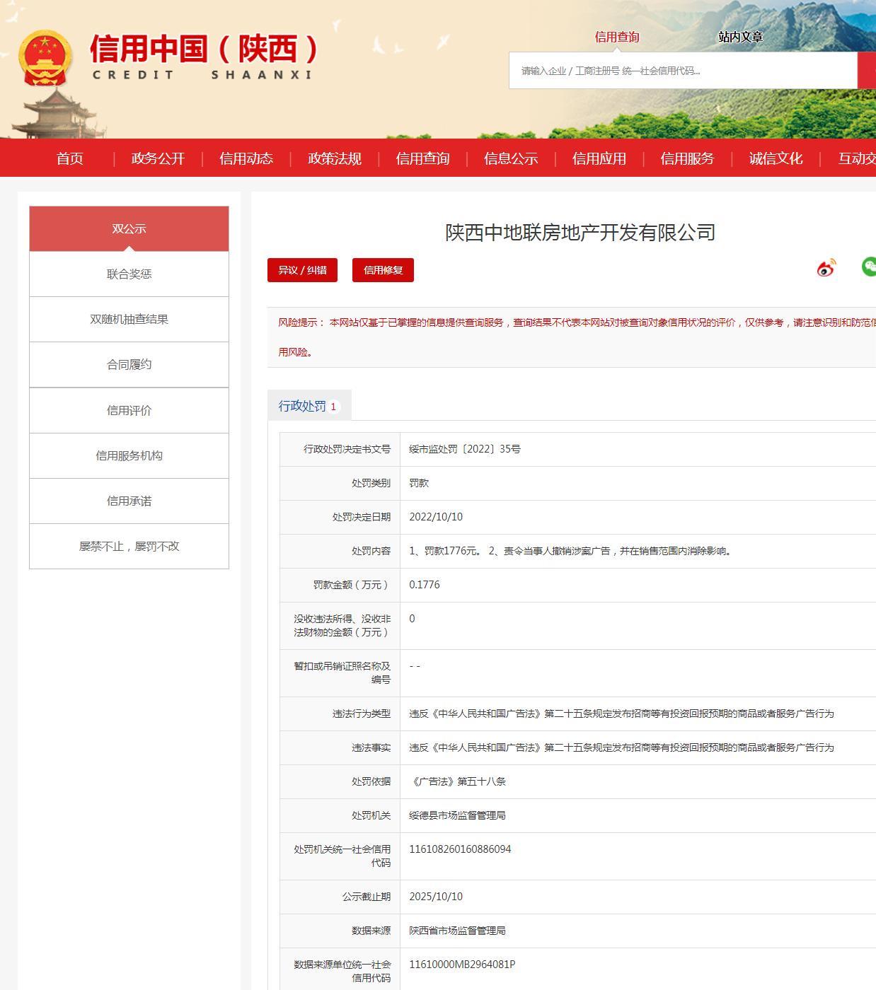 陕西中地联房地产开发有限公司发布违规广告被罚