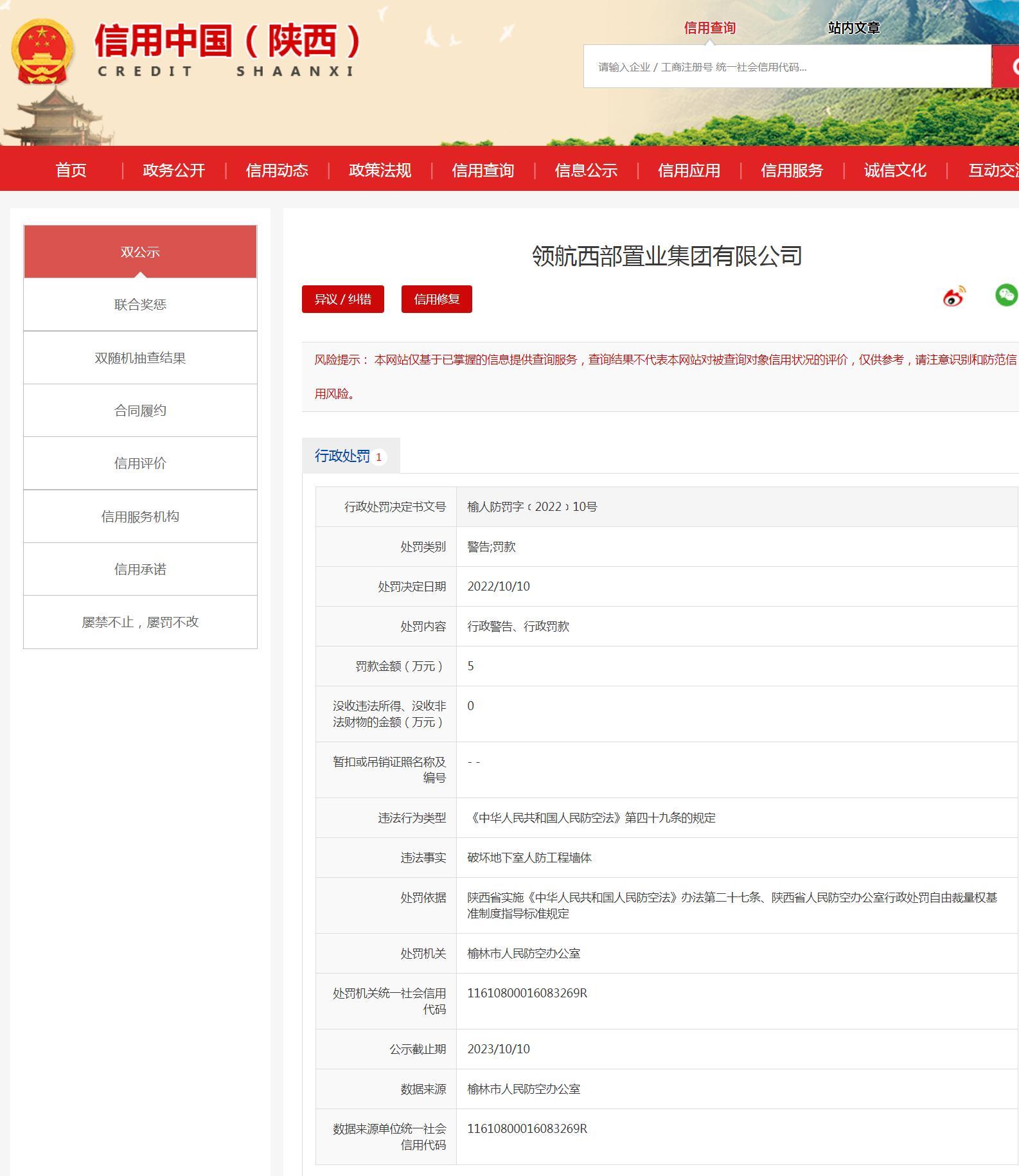 破坏地下室人防工程墙体 领航西部置业集团有限公司被罚5万元