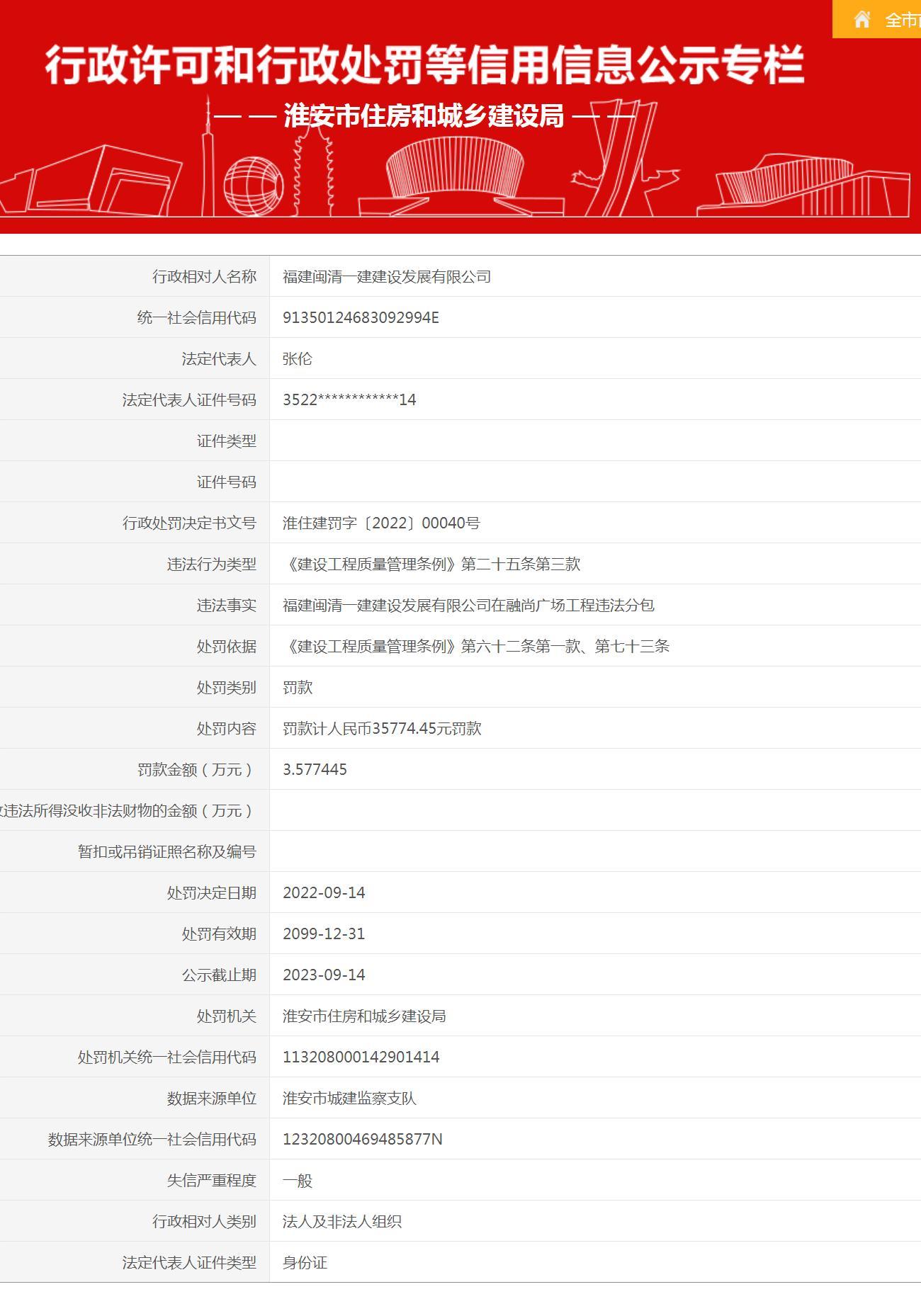 福建闽清一建建设发展有限公司违法分包被罚3万余元