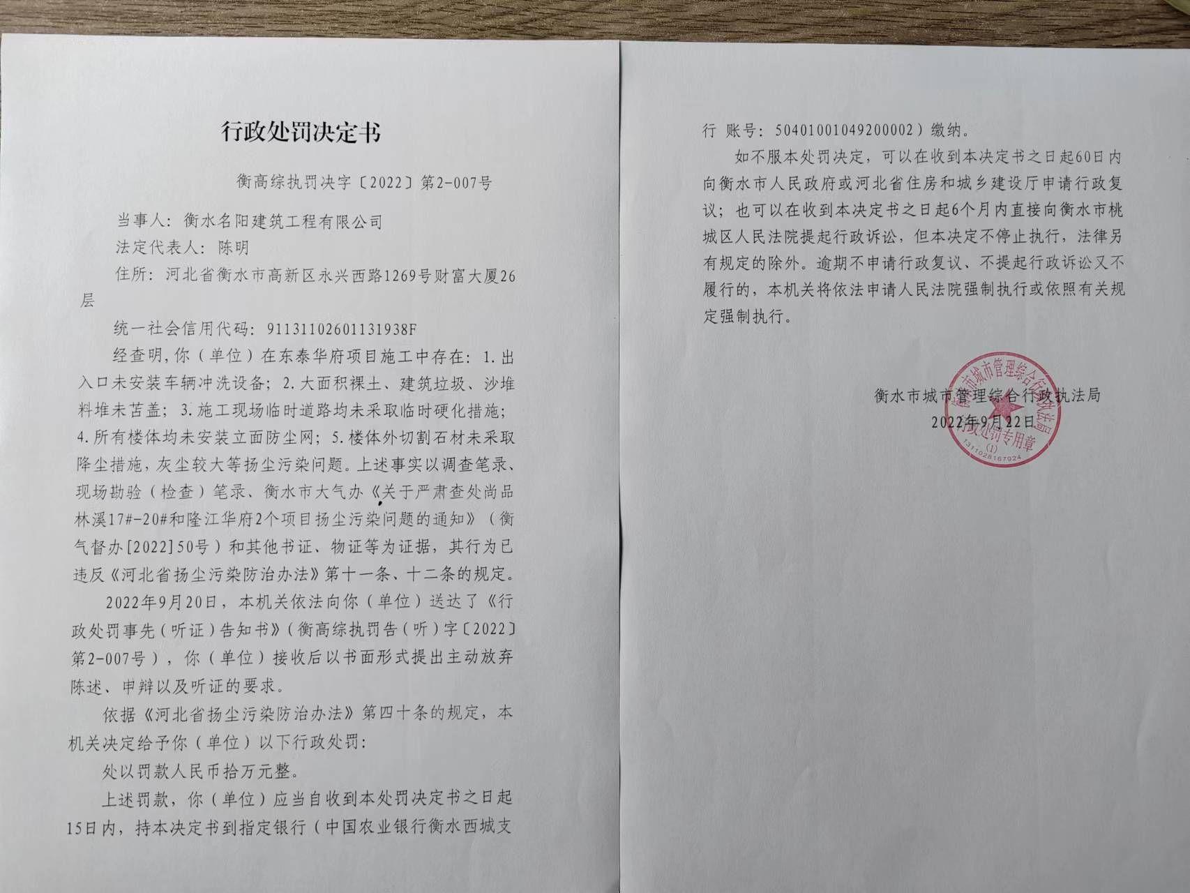东泰华府项目扬尘污染等问题 衡水名阳建筑工程有限公司被罚10万元