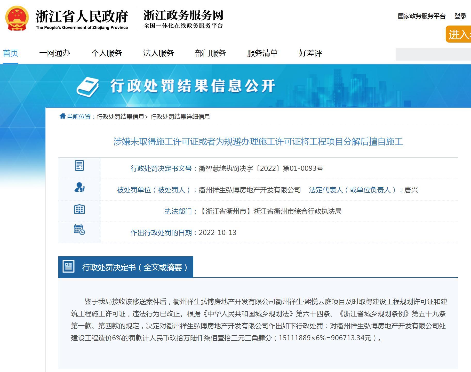 未取得施工许可证擅自施工 衢州祥生弘博房地产开发有限公司被罚90余万元