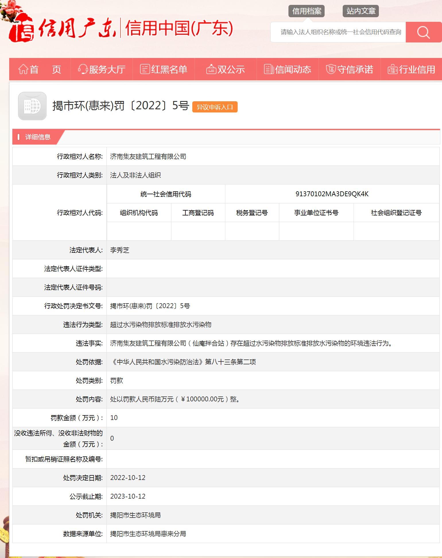 超标排放水污染物 济南集友建筑工程有限公司被罚10万元