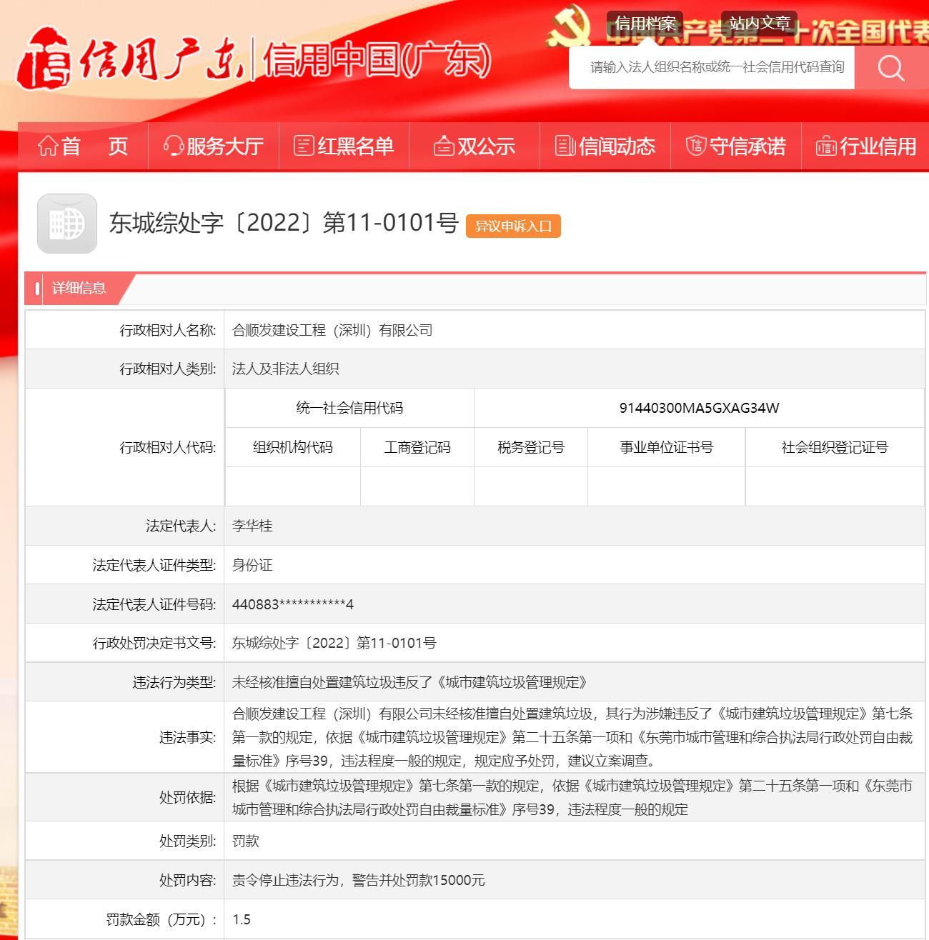 合顺发建设工程(深圳)有限公司擅自处置建筑垃圾被罚1.5万元
