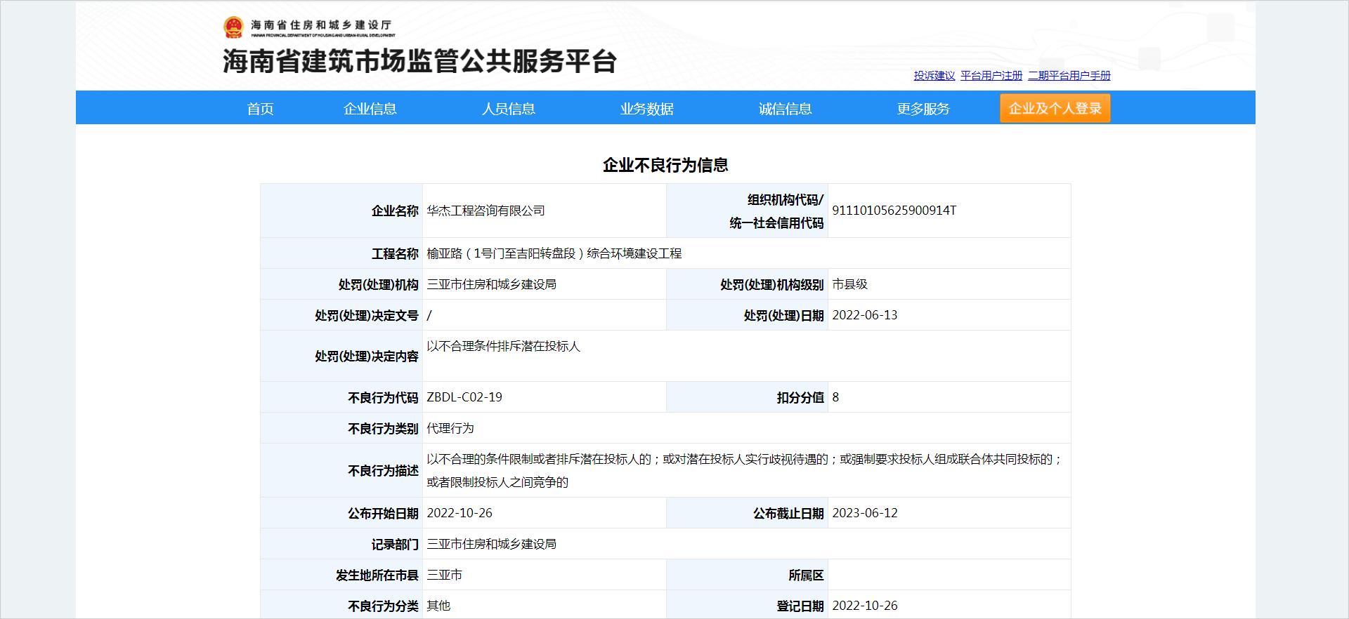 以不合理条件排斥潜在投标人 华杰工程咨询有限公司被扣8分
