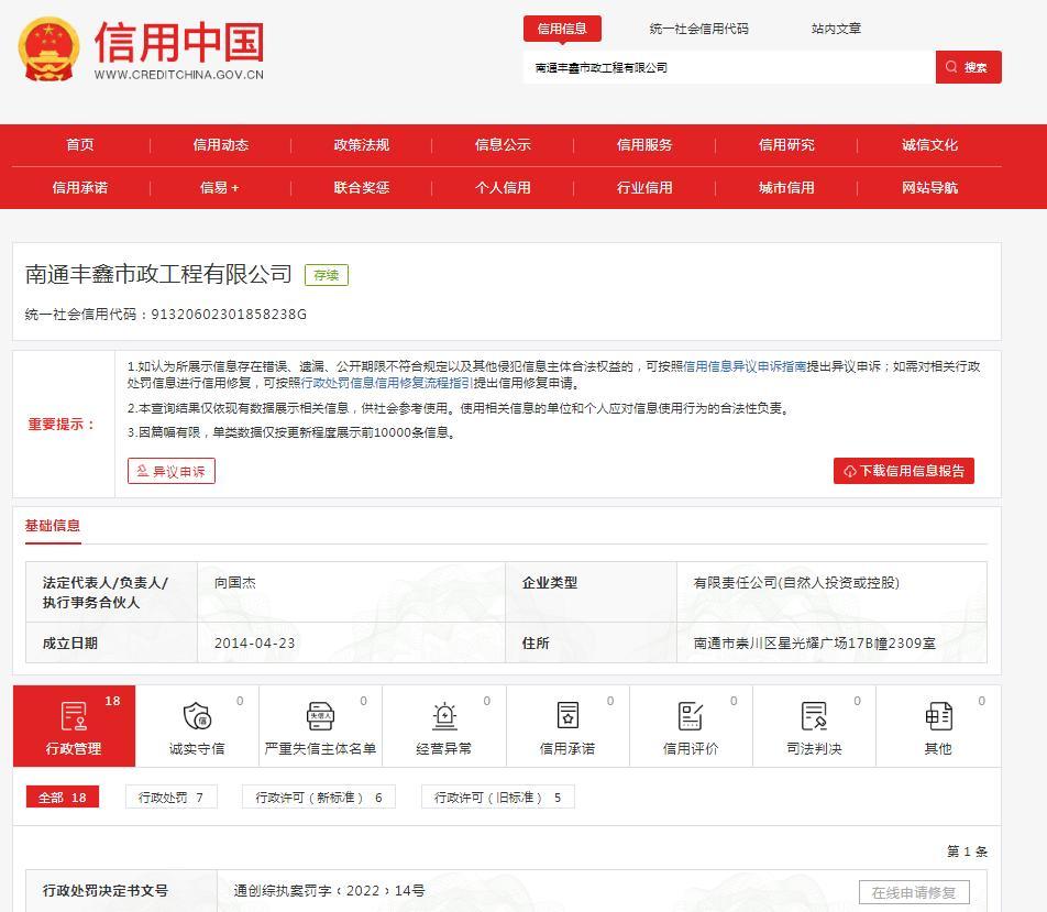 南通丰鑫市政工程有限公司违法运输建筑垃圾被罚2万元