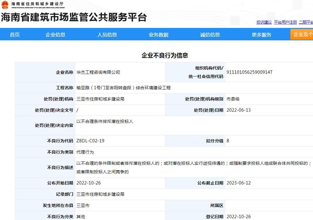 以不合理条件排斥潜在投标人 华杰工程咨询有限公司被扣8分