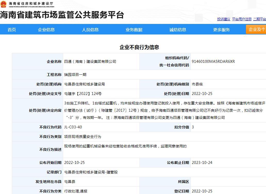 起重机械设备未办理使用登记即投入使用 四通(海南)建设集团有限公司被扣3分