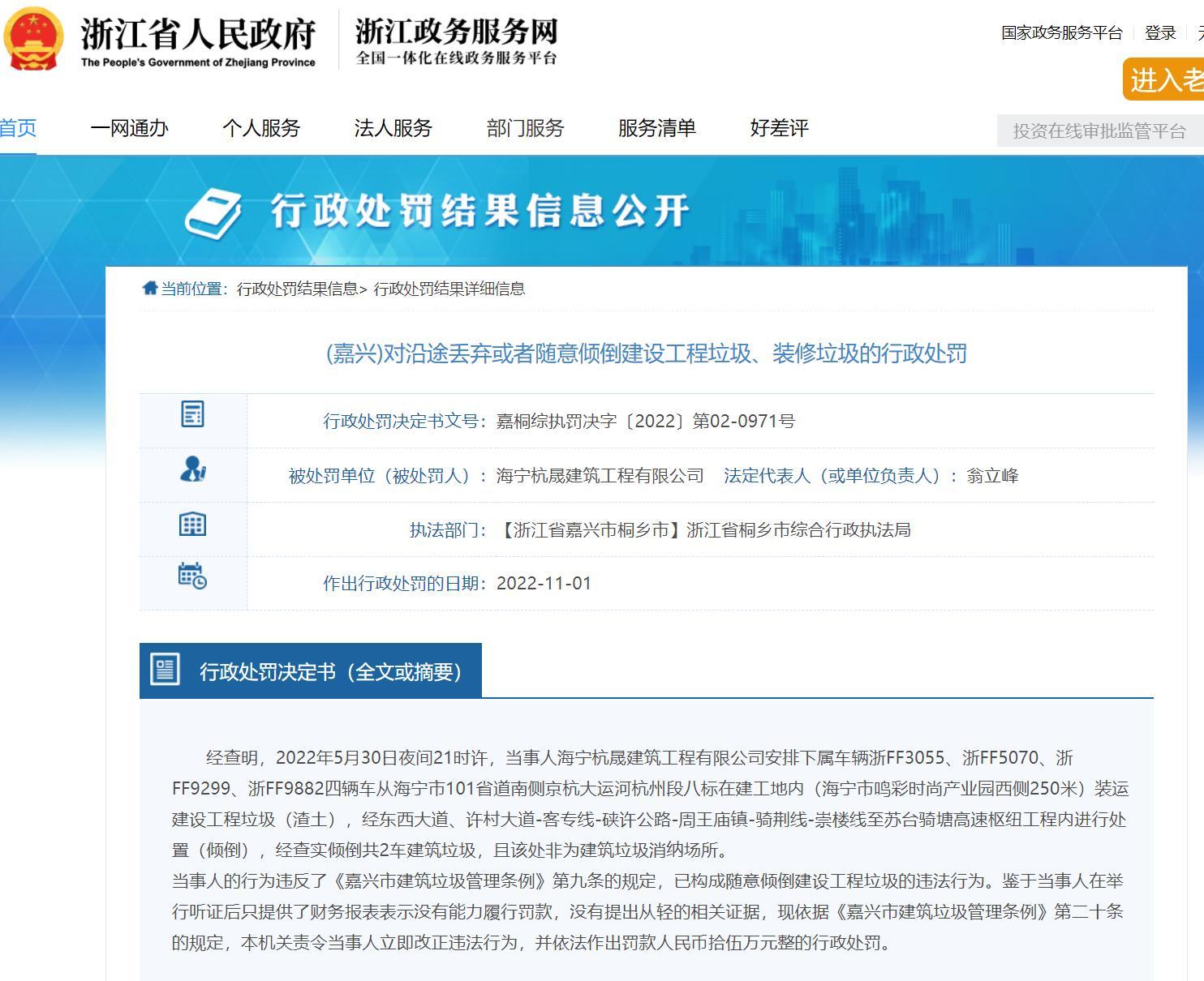 随意倾倒建设工程垃圾 海宁杭晟建筑工程有限公司被罚5万元