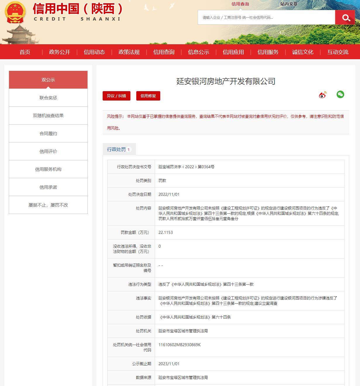 未按照规定进行建设 延安银河房地产开发有限公司被罚22万余元