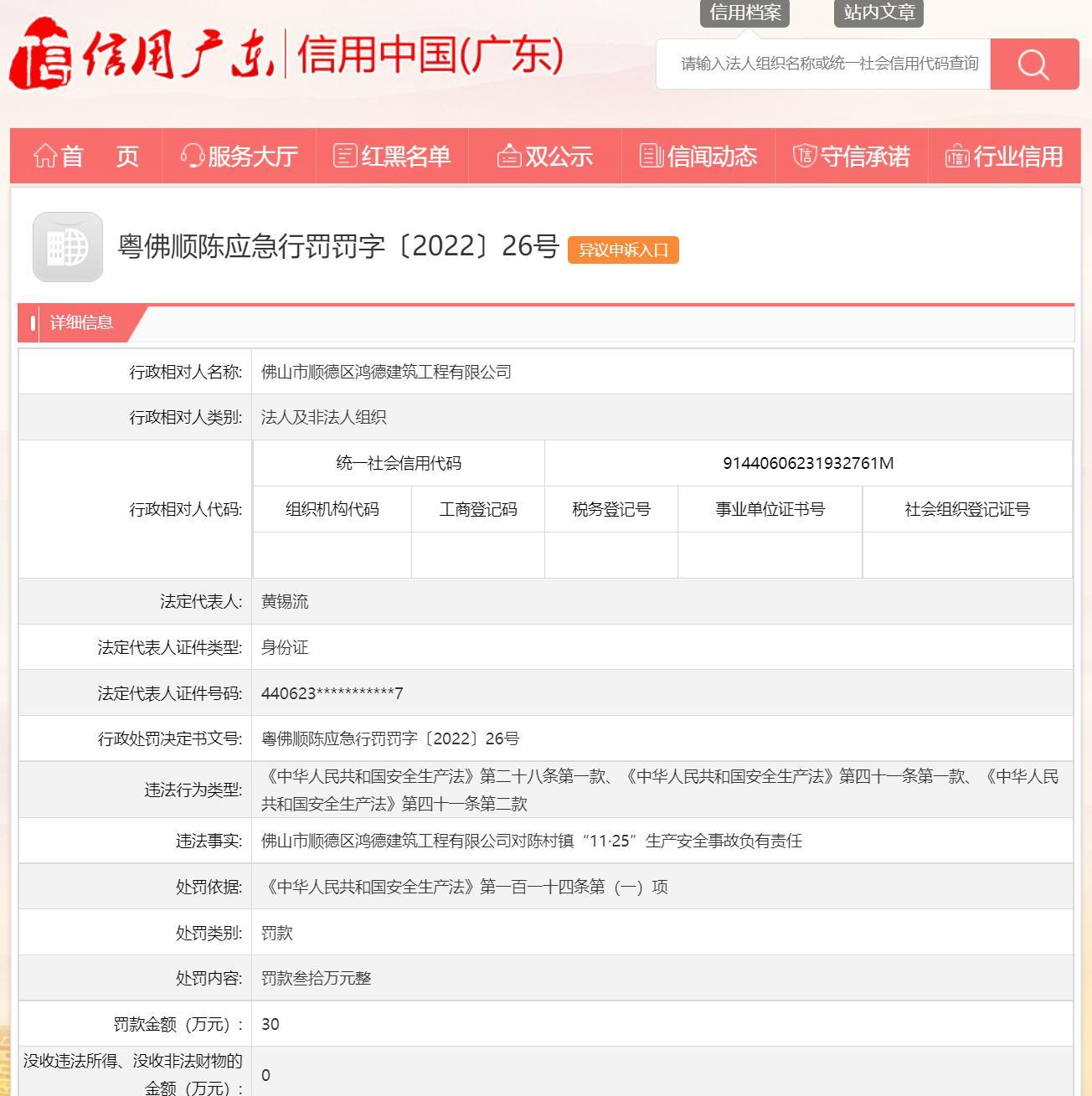 对一起生产安全事故负有责任 佛山市顺德区鸿德建筑工程有限公司被罚30万元