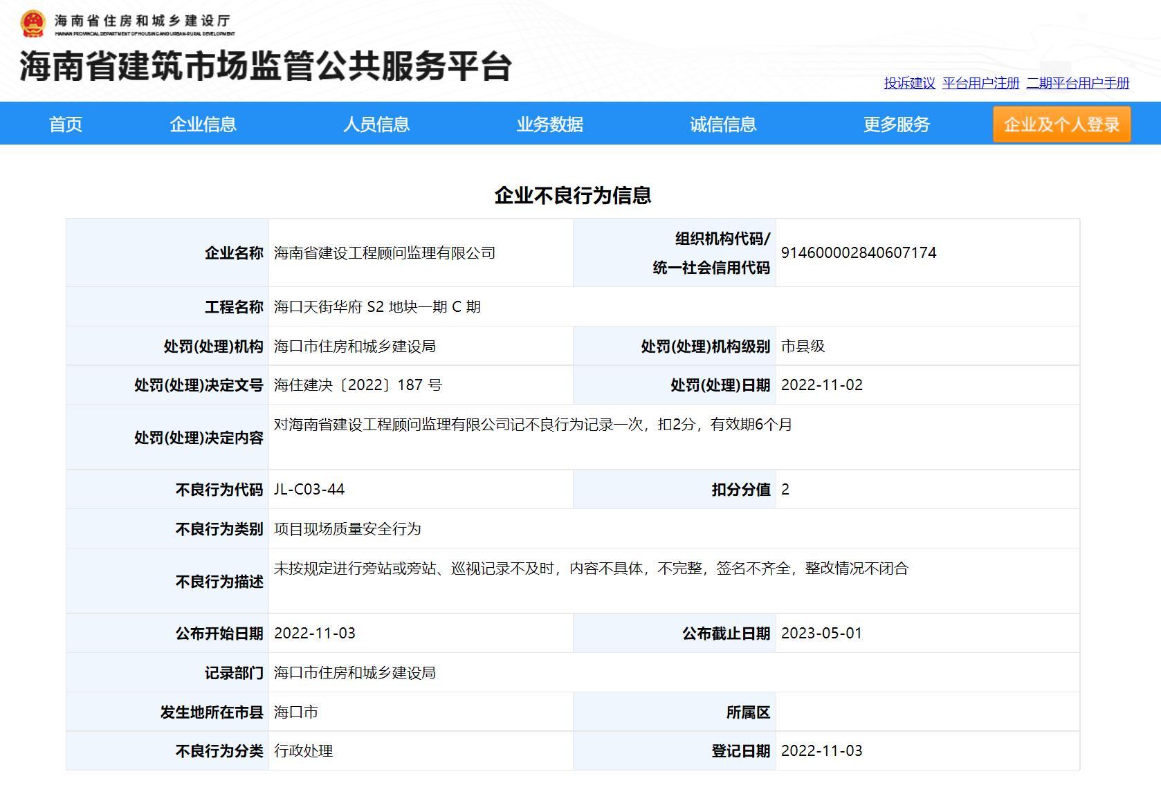巡视记录不及时 海南省建设工程顾问监理有限公司被记不良行为并扣2分