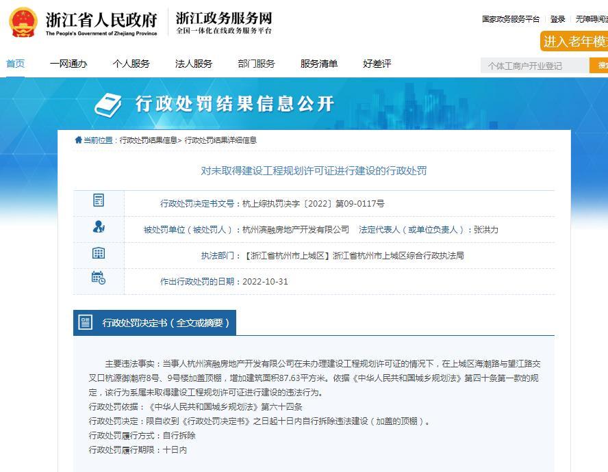未取得许可证擅自建设 杭州滨融房地产开发有限公司被通报