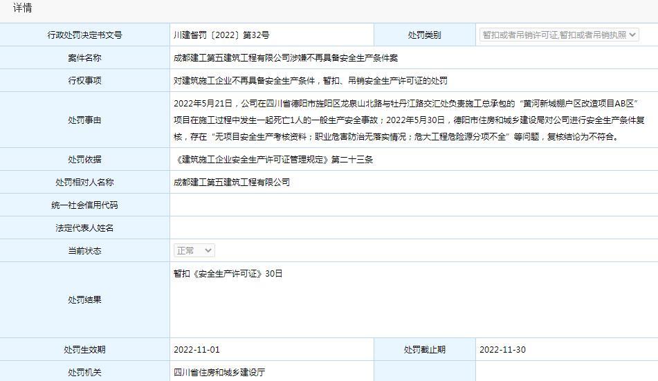 不再具备安全生产条件 成都建工第五建筑工程有限公司被暂扣安全生产许可证