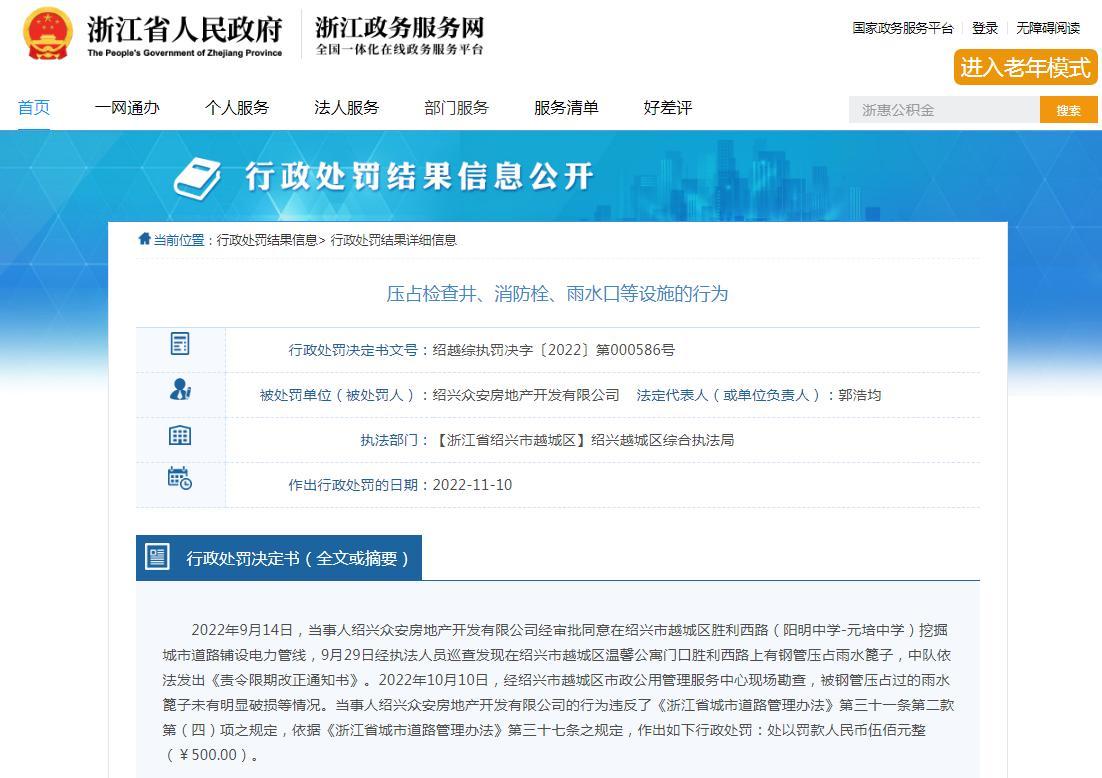 存在压占检查井、消防栓、雨水口等设施的行为 绍兴众安房地产开发有限公司被罚