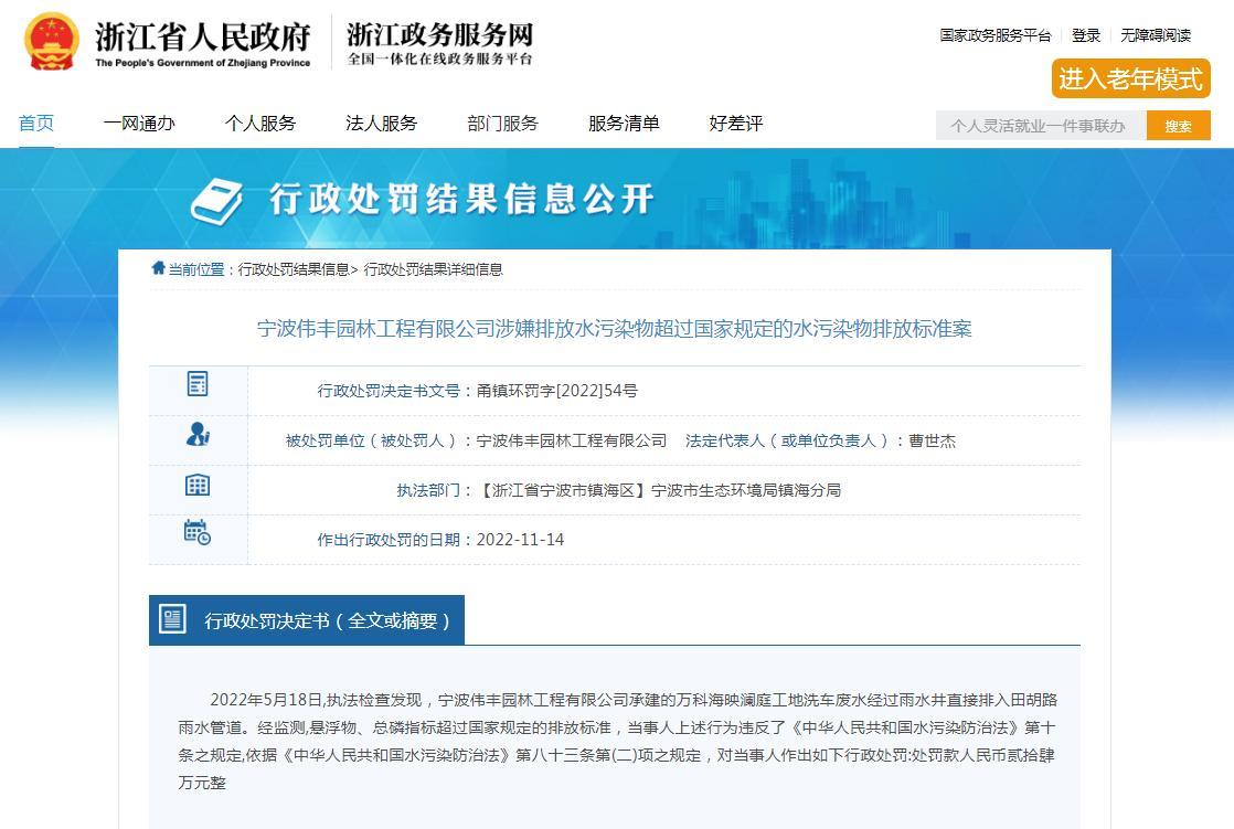 排放水污染物超过规定标准 宁波伟丰园林工程有限公司被罚24万元