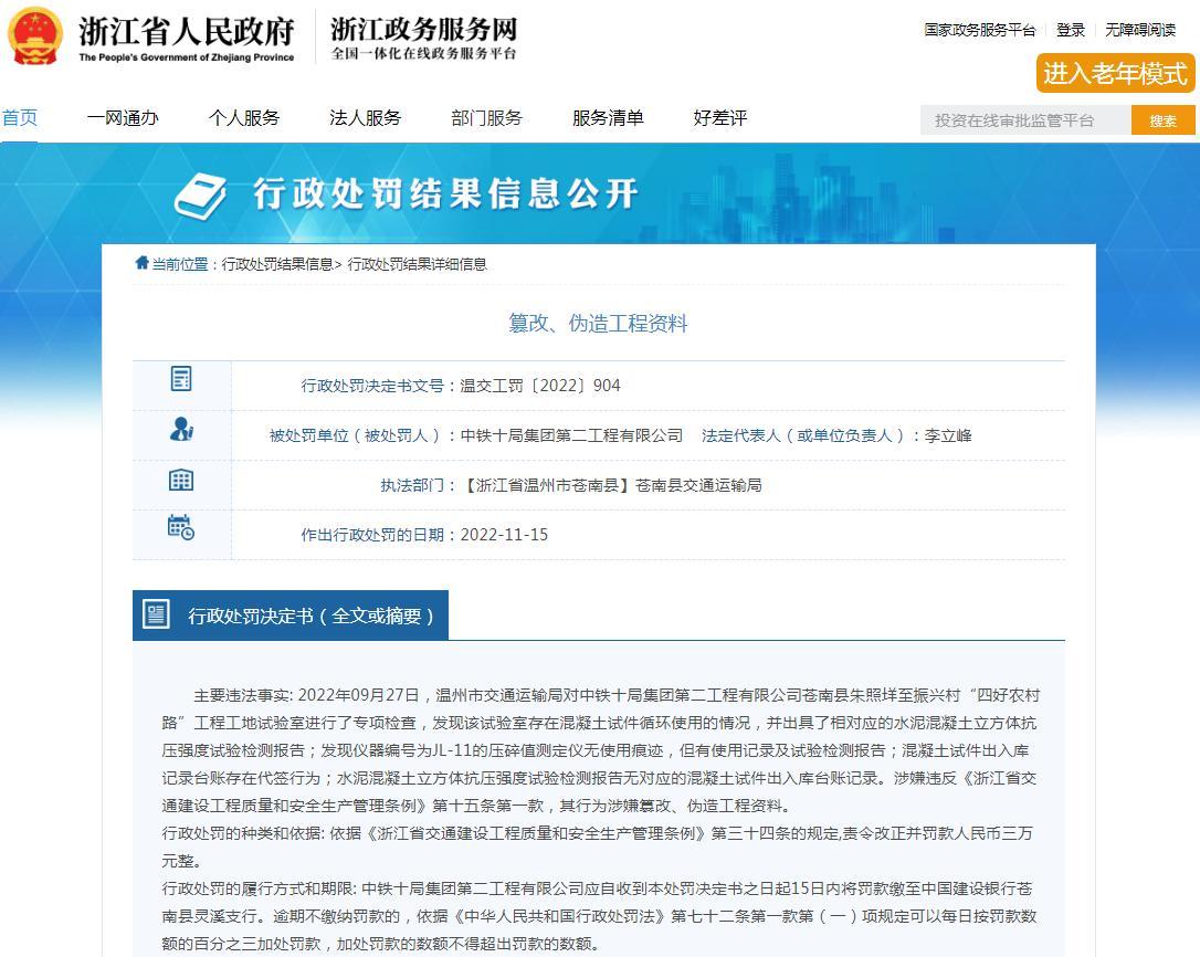 中铁十局集团第二工程有限公司篡改、伪造工程资料被罚3万元