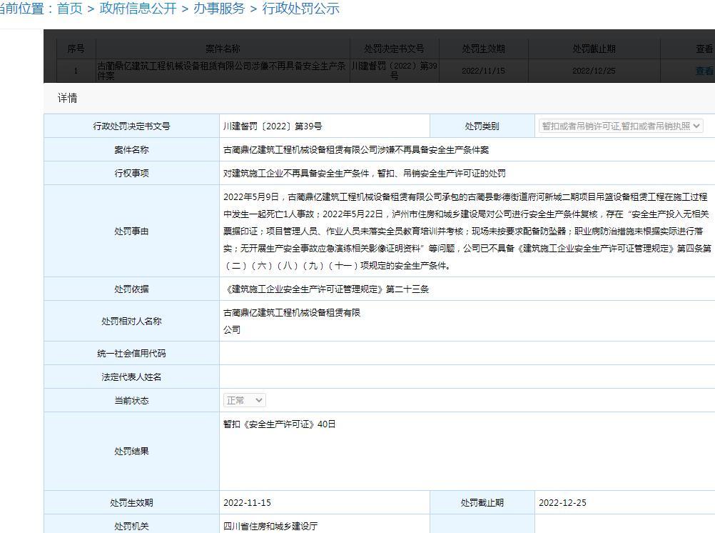 不再具备安全生产条件 古蔺鼎亿建筑工程机械设备租赁有限公司被暂扣安全生产许可证