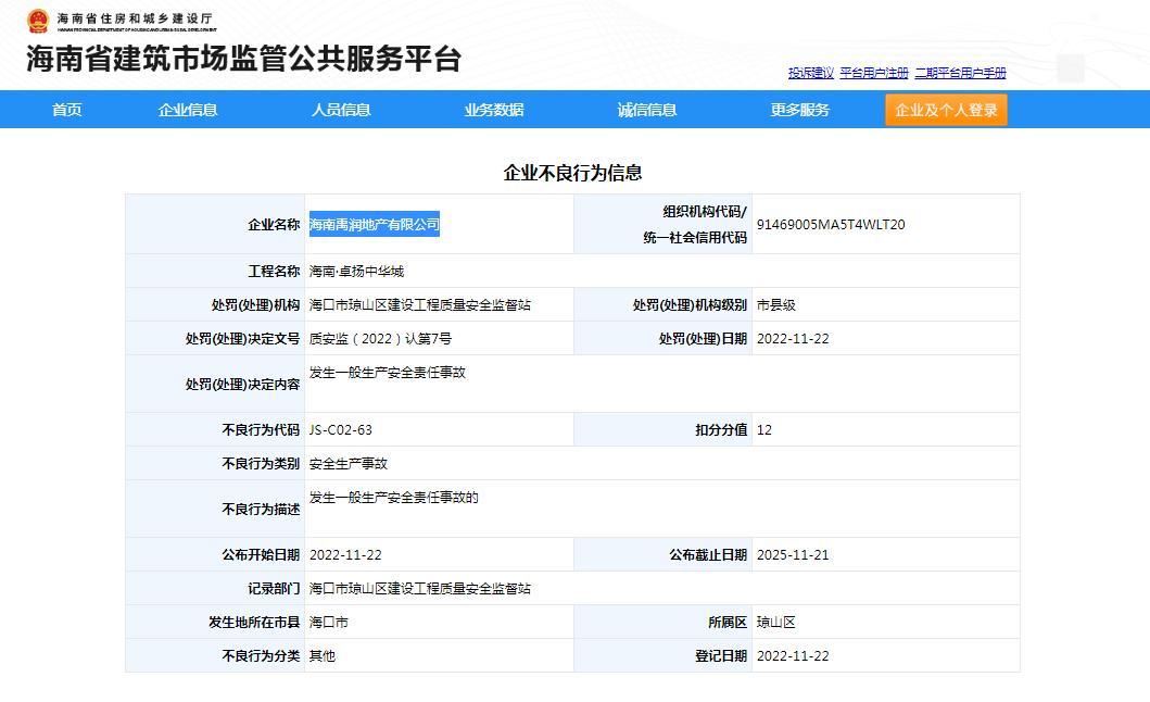 项目发生生产安全责任事故 海南禹润地产有限公司被扣12分