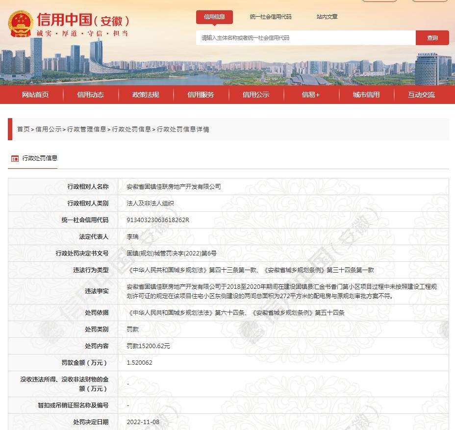 违规建设 安徽省固镇佳联房地产开发有限公司被罚