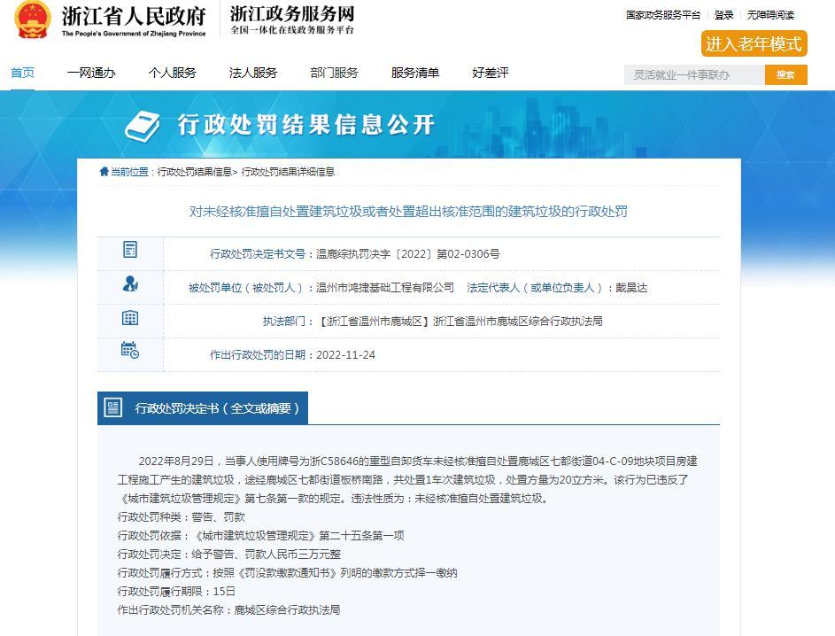 未经核准擅自处置建筑垃圾 温州市鸿捷基础工程有限公司被罚3万元