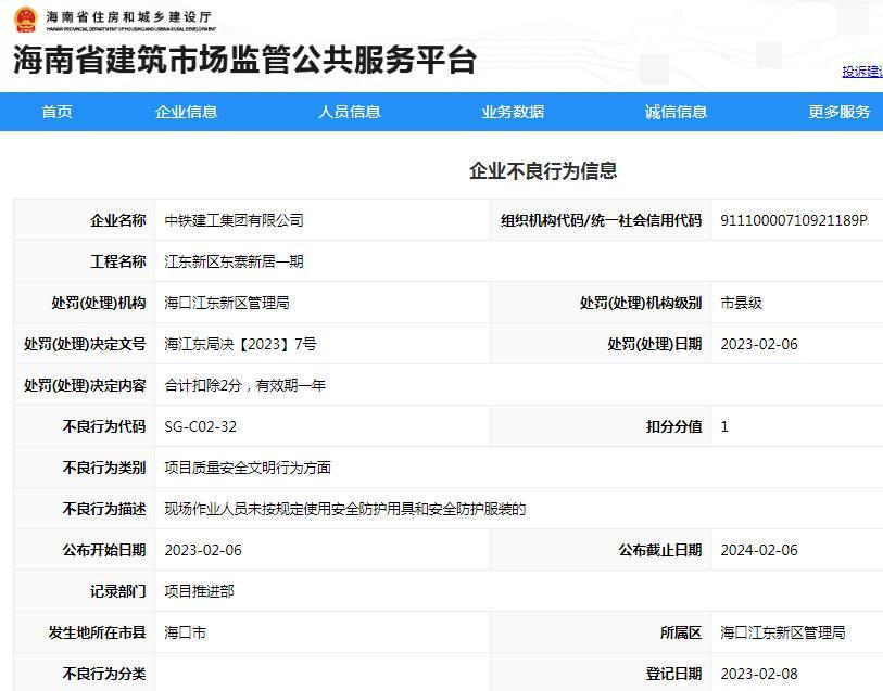 工程现场作业人员未按规定使用安全防护用具 中铁建工集团有限公司被罚