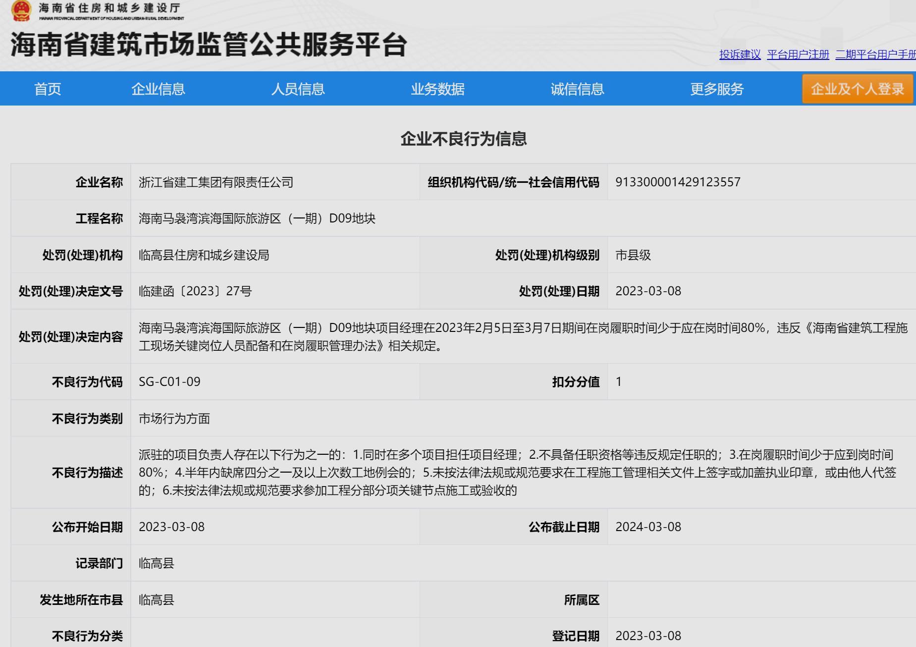 项目经理履职率低 浙江省建工集团有限责任公司被扣诚信分