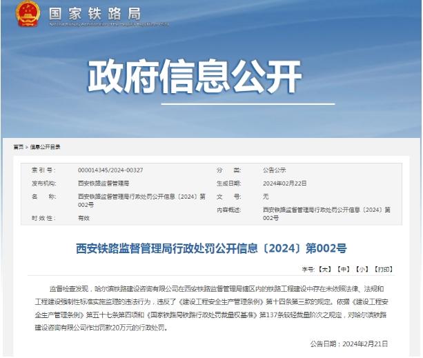 未依照强制性标准实施监理，哈尔滨铁路建设咨询有限公司被罚20万元