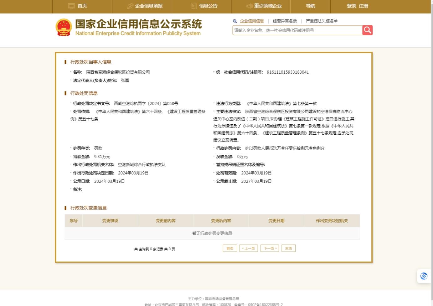 陕西省空港综合保税区投资有限公司因无证擅自施工被罚9.3万余元