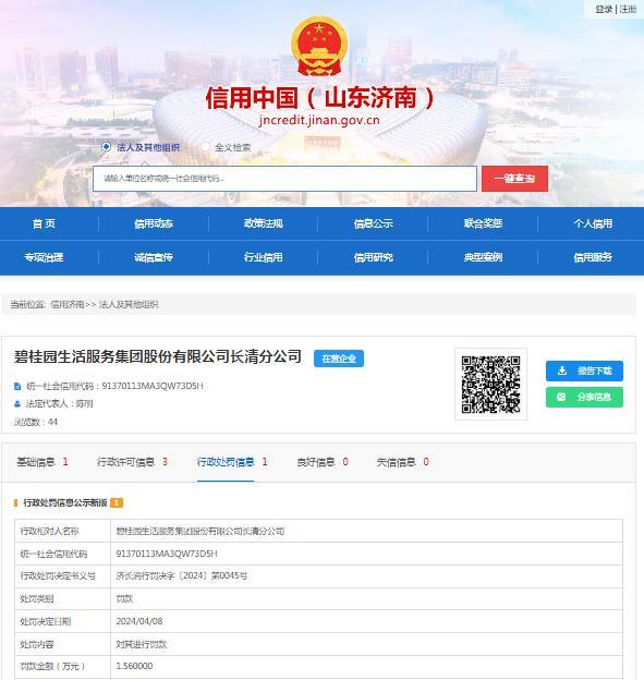 碧桂园生活服务集团股份有限公司长清分公司因违反《消防法》被罚1.56万元