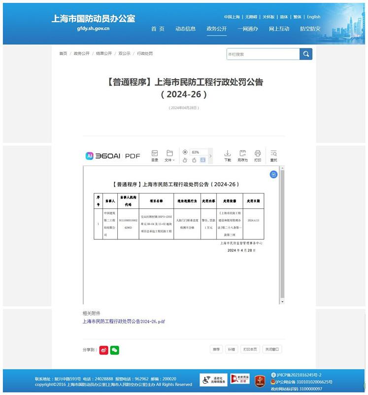 中国建筑第二工程局有限公司因人防门门框垂直度检测不合格被罚一万元