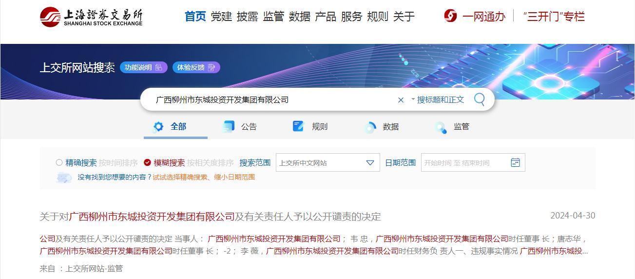 广西柳州市东城投资开发集团有限公司及有关责任人遭上海证劵交易所公开谴责