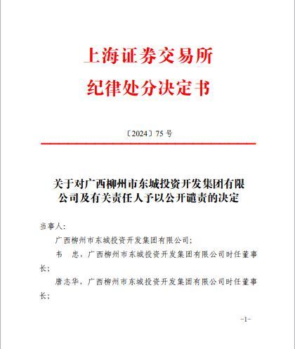 广西柳州市东城投资开发集团有限公司及有关责任人遭上海证劵交易所公开谴责