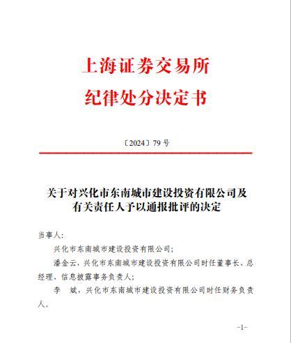 兴化市东南城市建设投资有限公司及有关责任人被上海证劵交易所通报批评