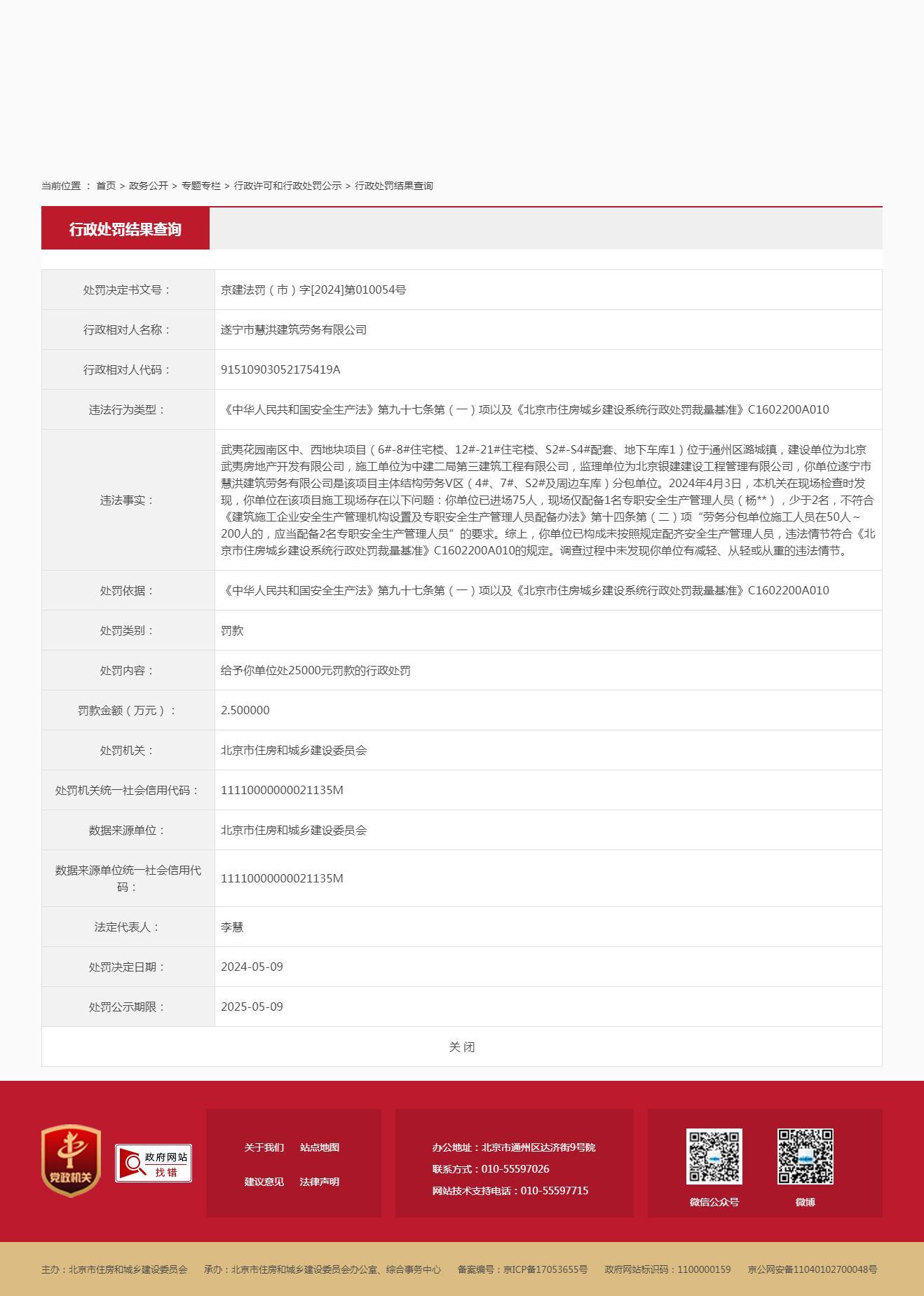 遂宁市慧洪建筑劳务有限公司因未按照规定配齐安全生产管理人员被罚2.5万元