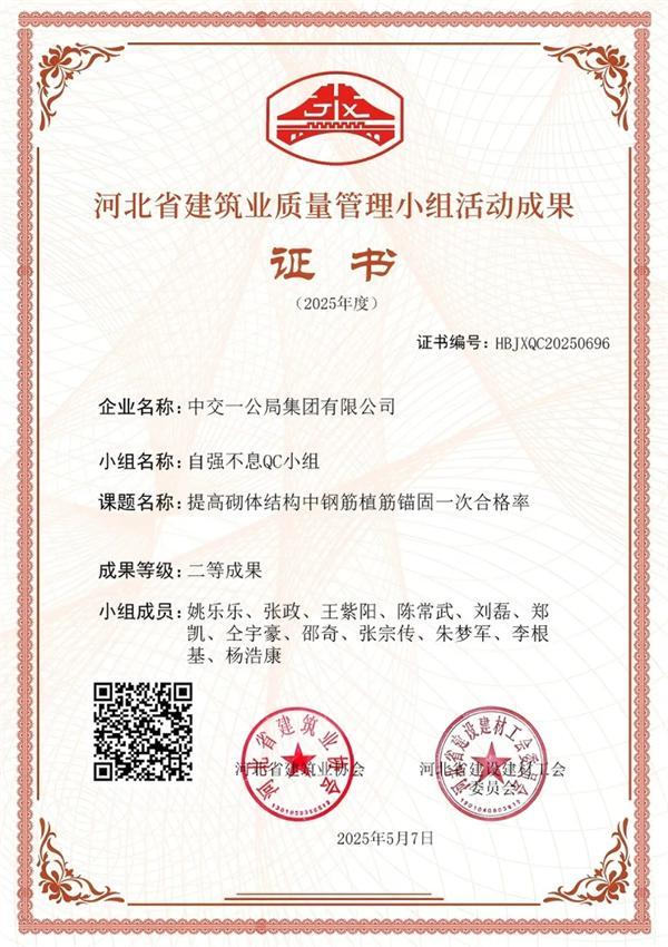 石家庄地铁项目QC小组成果荣获2025年度“燕赵杯”质量管理小组竞赛“二等成果”奖