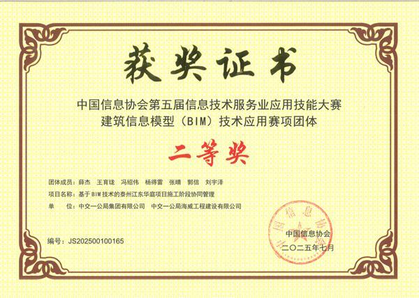 中交一公局集团泰州江东华庭项目荣获中国信息协会BIM技术应用赛项团体二等奖